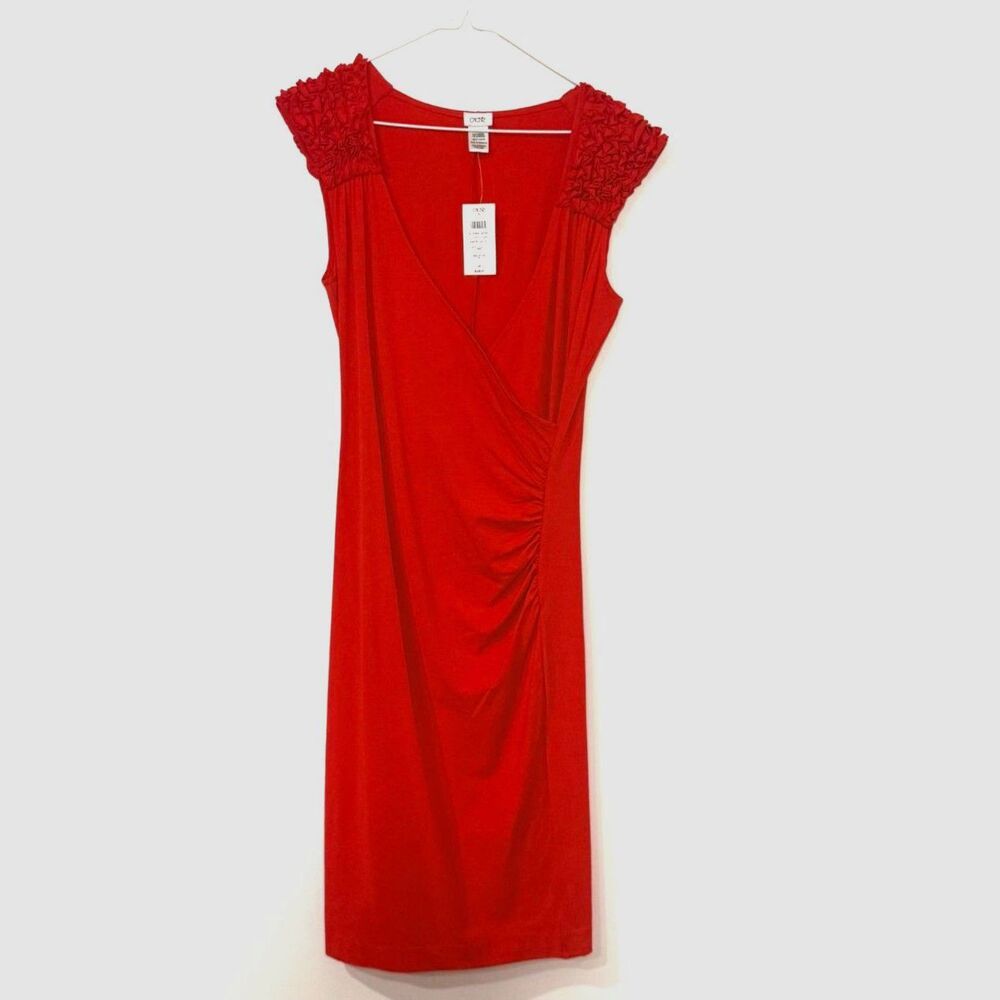 Deadstock Cache Faux Wrap Dress With Ruffled Shoulders - Red L